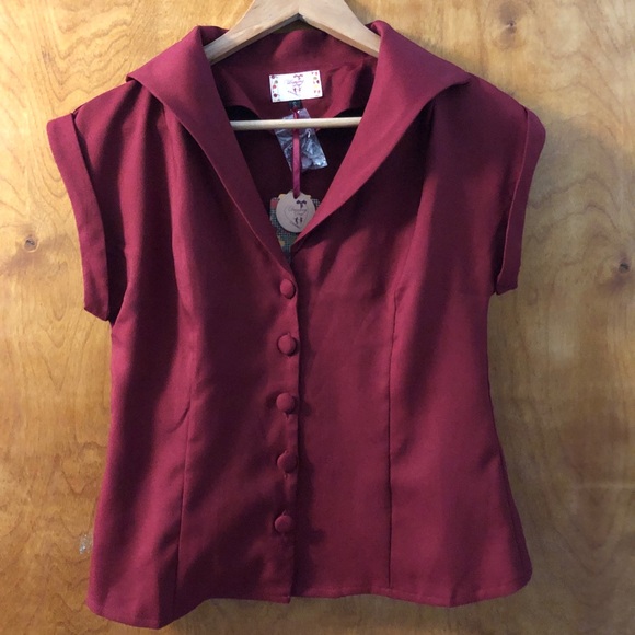 NWT Small Burgundy Retro Rockabilly Dancing Days Vintage Inspired Top Modcloth - Picture 3 of 5